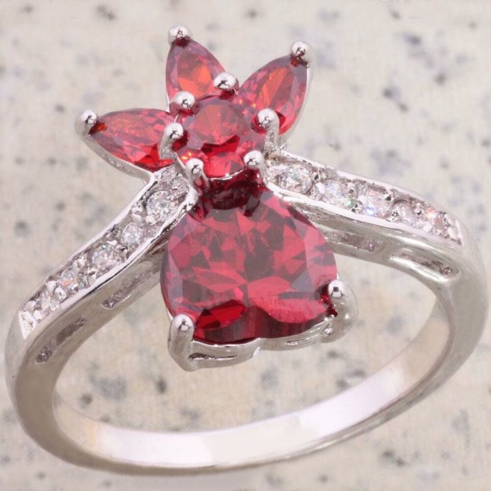 New - Garnet With White Topaz Silver Ring - Size 6.5